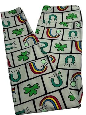 LuLaRoe White Leggings with Green Shamrocks, Teal Horseshoes & Rainbow Accents